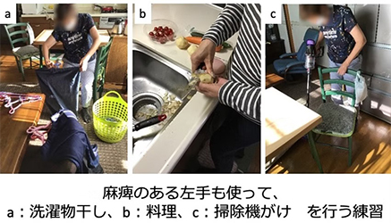 麻痺のある左手も使ってa洗濯物干し、b料理、c掃除機がけを行う練習