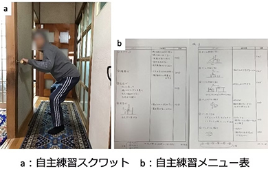 a自主練習スクワット、b自主練習メニュー表