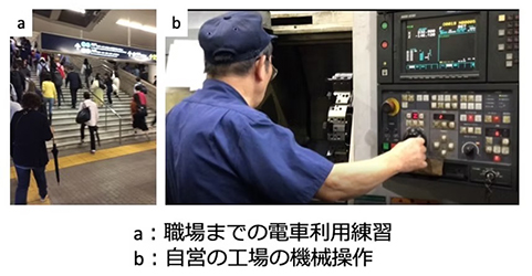 a職場までの電車利用練習、b自営の工場の機械操作